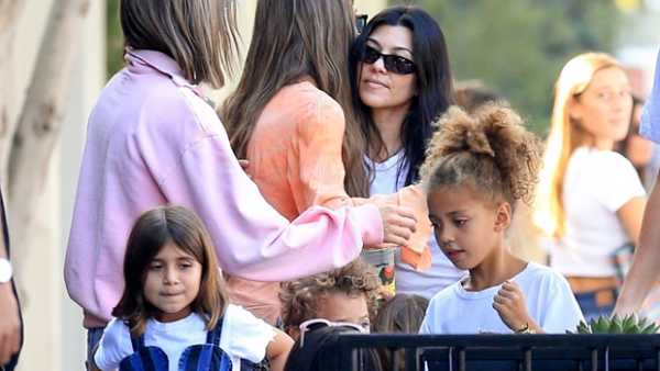 Kourtney Kardashian Slays In Leather Pants During Lunch Date With Penelope, 7, & Reign, 4 — Pics