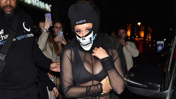 Cardi B Shocks In Skintight Black Dress & Face Mask Completely Covered In Keys — Watch