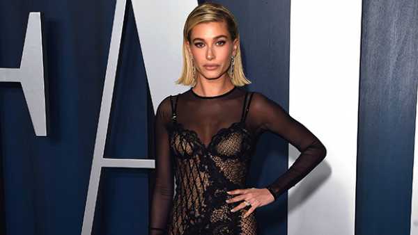 Hailey Baldwin Shows Major Leg In Sheer Black Dress With High Slit At Oscars Party