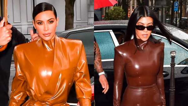 Kim & Kourtney Kardashian Stun In Skintight Latex Outfits At Kanye’s Sunday Service In Paris