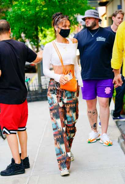 Bella Hadid Wears Playboy Pants and a Crop Top in New York City