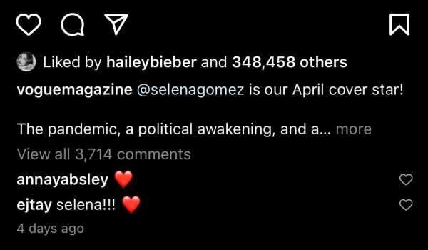 Hailey Bieber Liked an Instagram of Selena Gomez in March 2021