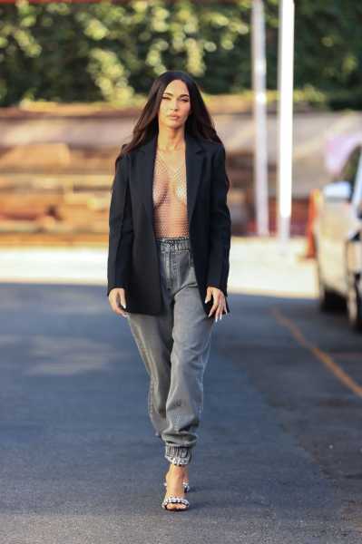 Megan Fox Wears Open Blazer and No Shirt Out