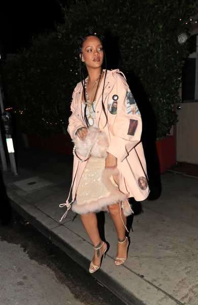 Rihanna Wears a Lace Pink Top and Sequined, Feathered Skirt