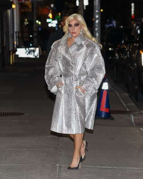 Lady Gaga Wears a Cutout Dress With a Thigh-High Leg Slit and Silver Coat in NYC