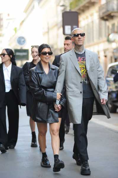 Kourtney Kardashian Wears Leather Jacket and No Pants With Travis Barker in Milan