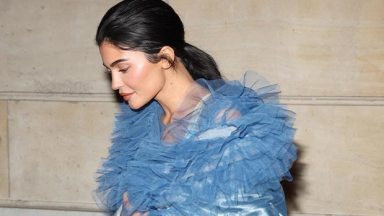 Kylie Jenner Stuns In Blue Tulle Coat Gown In Paris After Posting 1st Photos Of Son Aire