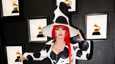 Shania Twain Rocks Sequin Polka Dot Suit, Tall Hat & Bright Red Hair At Grammy Awards