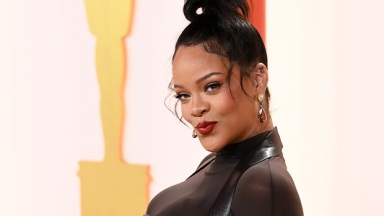 Rihanna Shows Off Baby Bump In Sheer Black Leather Dress At The Oscars