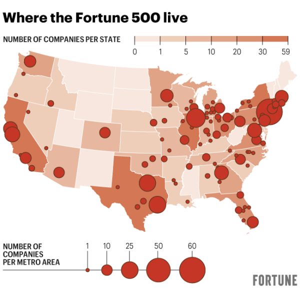Map shows locations of the Fortune 500 companies
