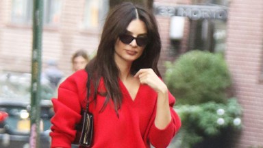 Emily Ratajkowski Rocks Nothing but Plunging Red Mini Dress in NYC: Photos