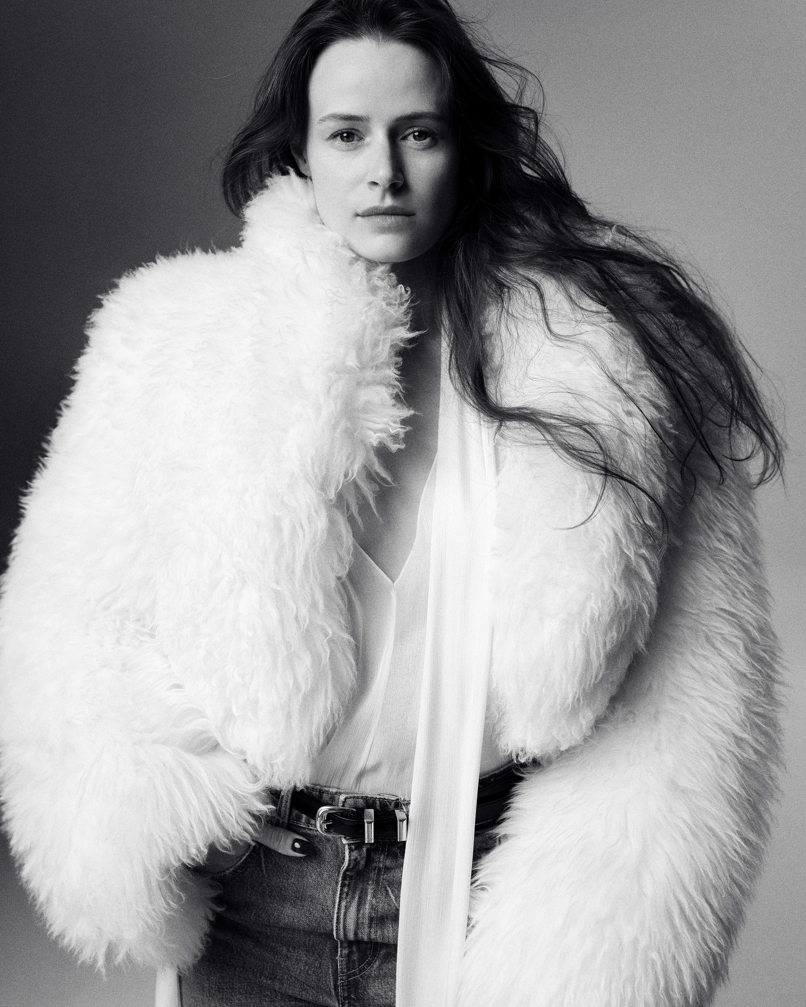 Artist KRYSTYNA MELNYK, 31. Alaia sheepskin coat, Anna October silk blouse, Saint Laurent by Anthony Vaccarello jeans and Celine leather belt2