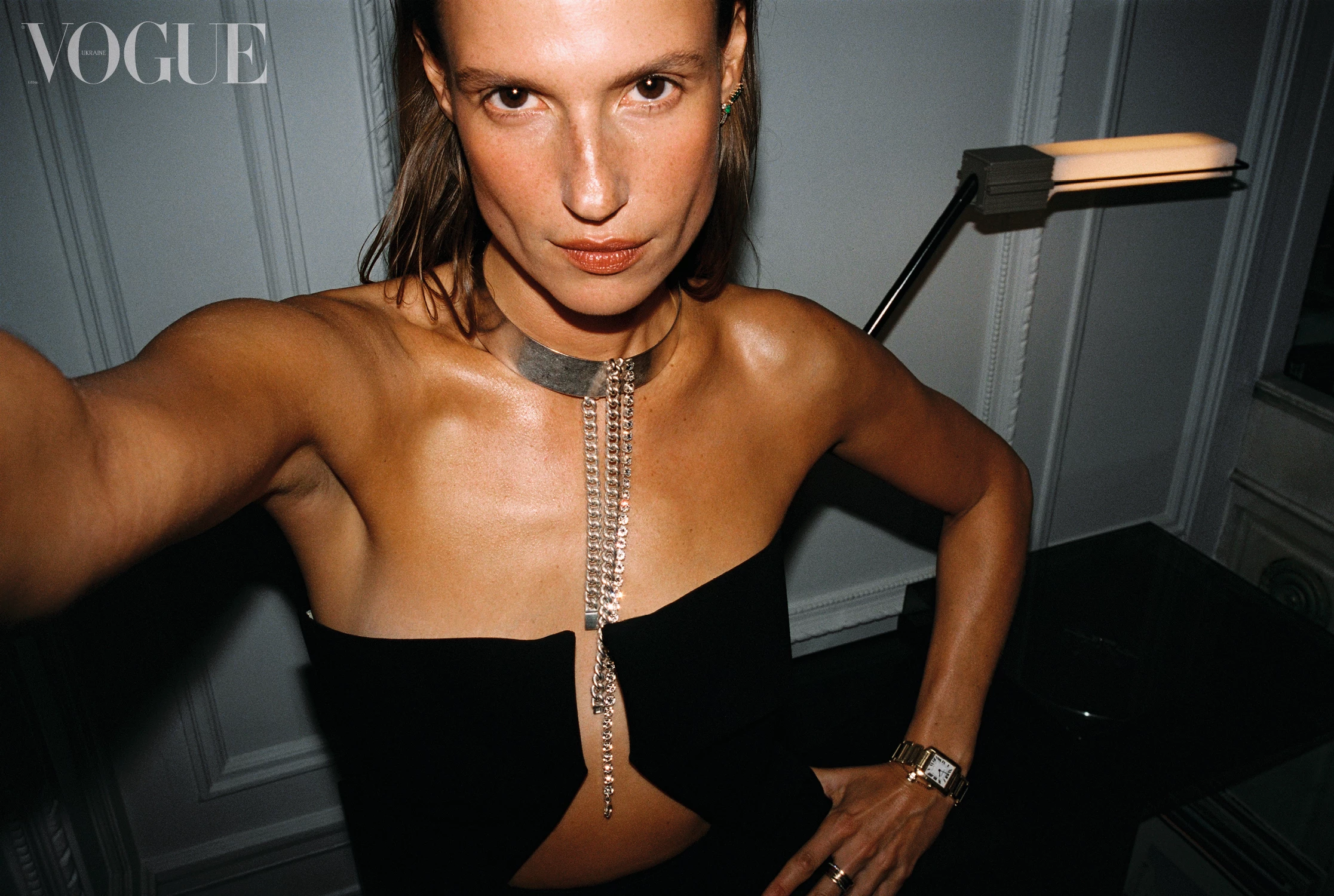 Wool and nylon dress, Rick Owens, leather shoes, Versace, choker, silver-plated brass, Maison Margiela, watch, yellow gold, Cartier6