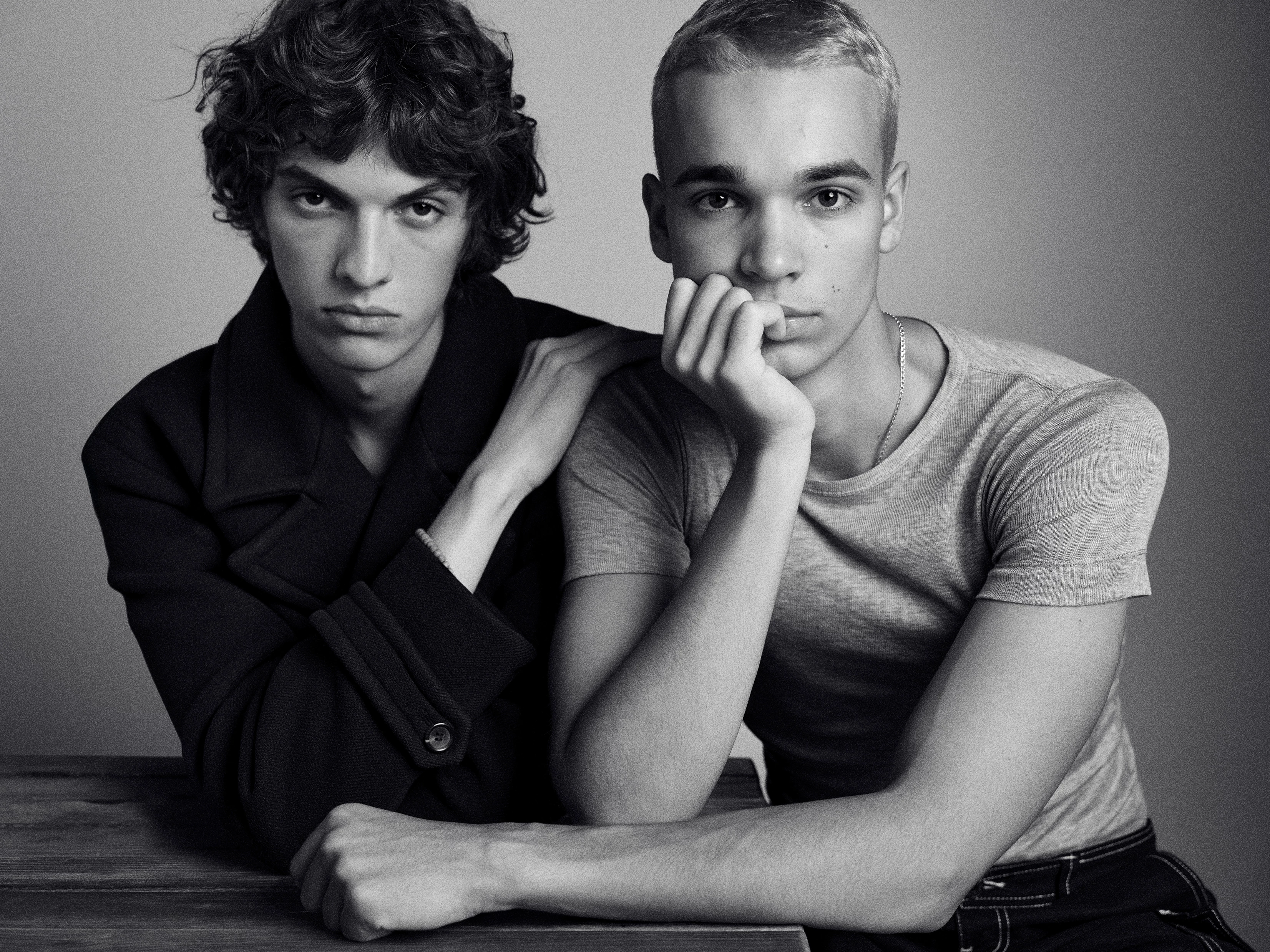 MAXIM VOLOSHYN (20) and ANDRIY GAVRAN (16). On Max: Gucci wool coat. On Andriy: Theo cotton T-shirt12
