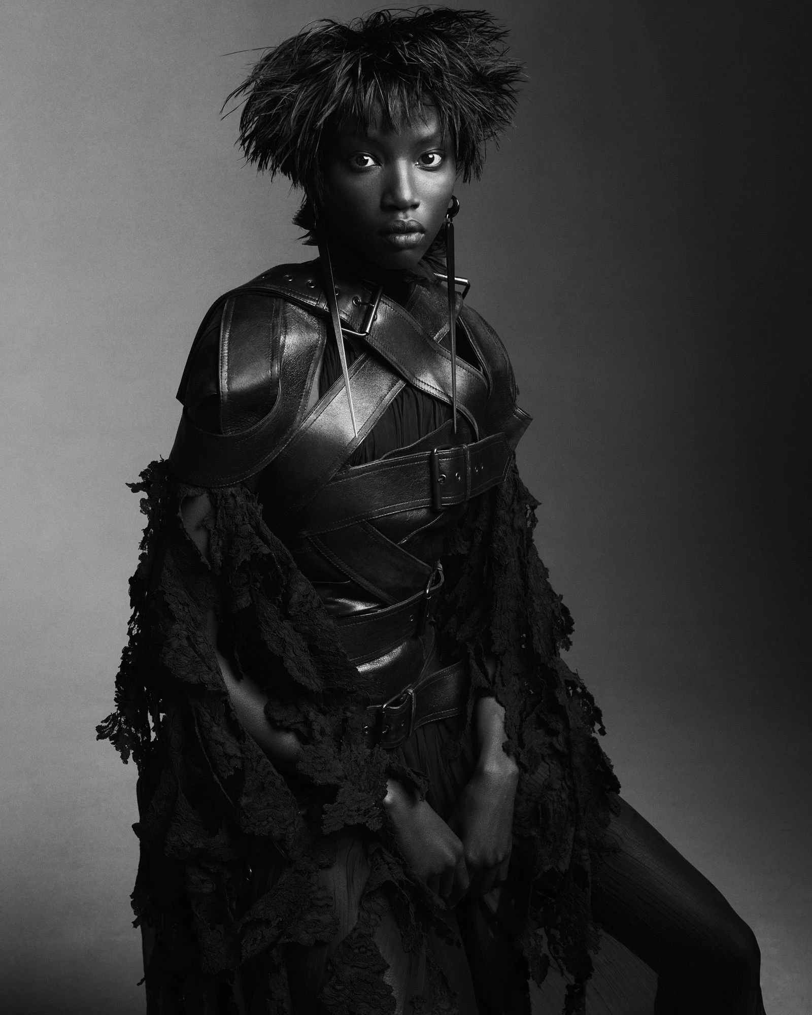 The McQueen look by Sean McGirr, in collaboration with Atwood, retains the gothic drama of the original - with no belts, buckles or frayed textures.10