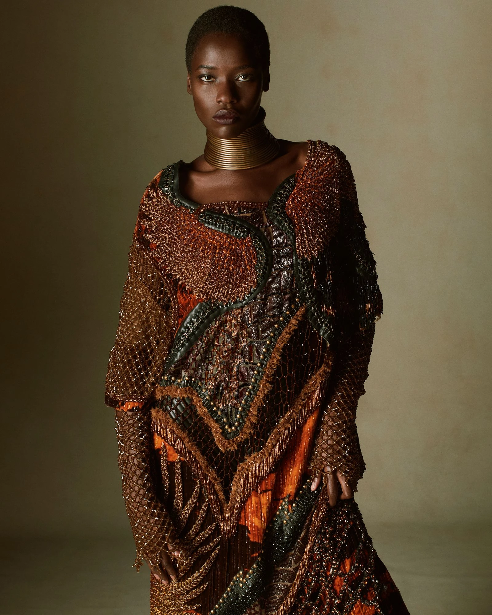 Model Awar Odyang in a Balmain look, created as an interpretation of Ruth Carter's designs for the film 5