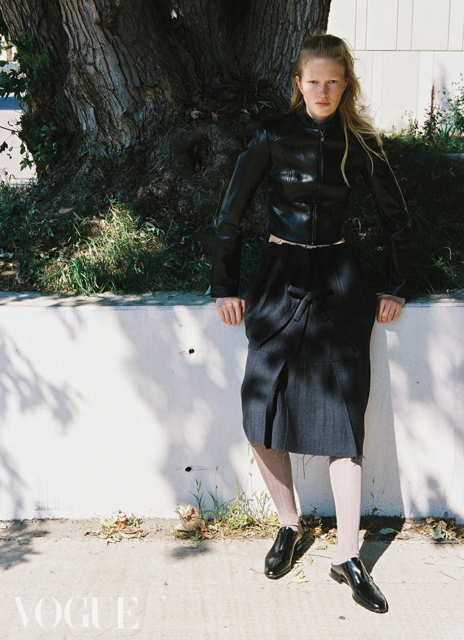 Cultnaked leather jacket, Prada wool skirt, Kachorovska leather shoes, Julie Kegels cotton stockings6