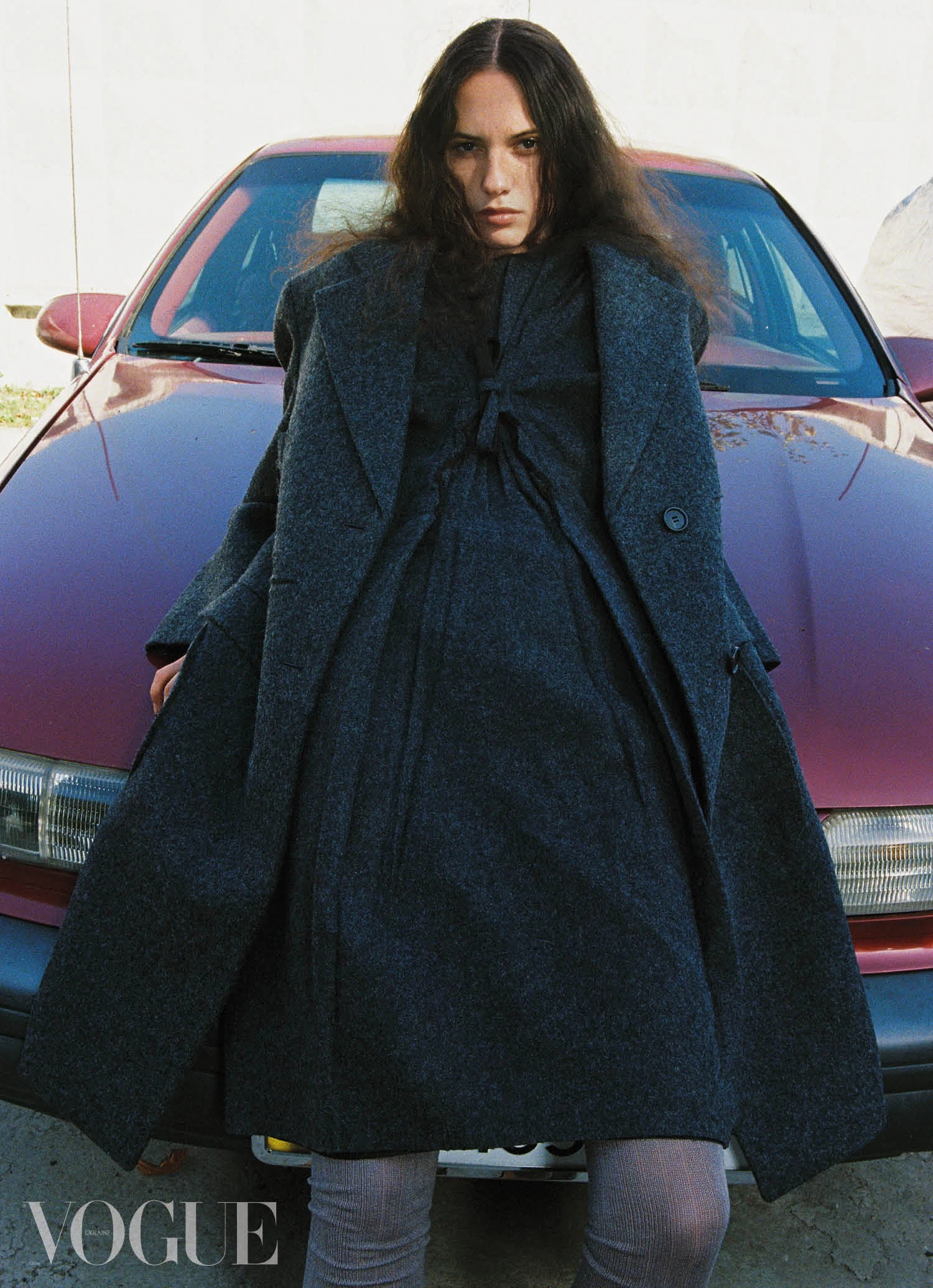 Wool coat and dress, all by Prada, cotton stockings by Julie Kegels4