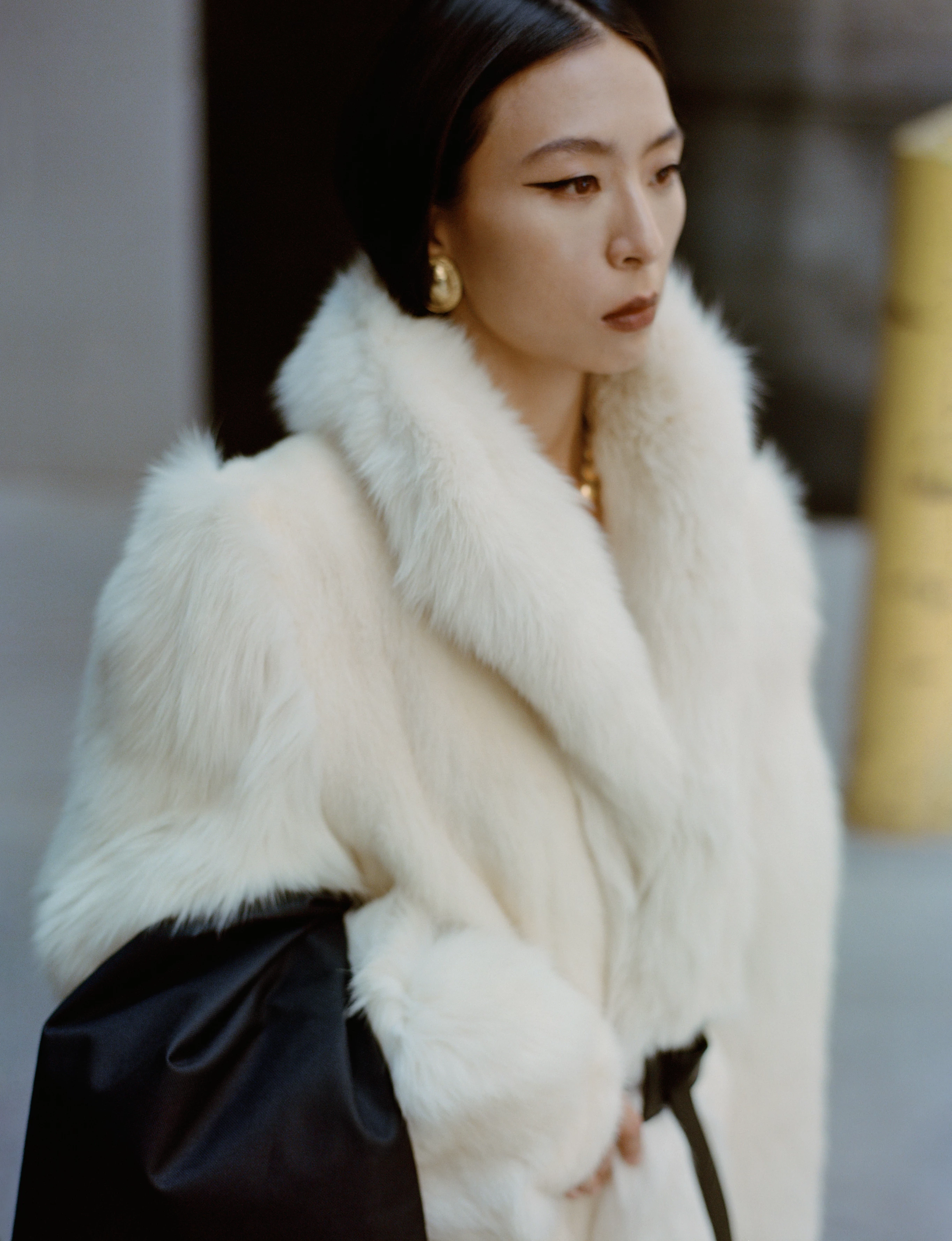 Issey Miyake pants, Amazon belt, Prada shoes, Versace necklace, Le Grand Strip earrings3