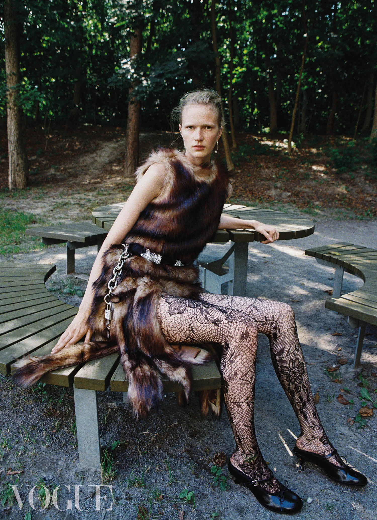 Faux fur dress, leather belt and shoes, all by Simone Rocha. Tights, property of the stylist8