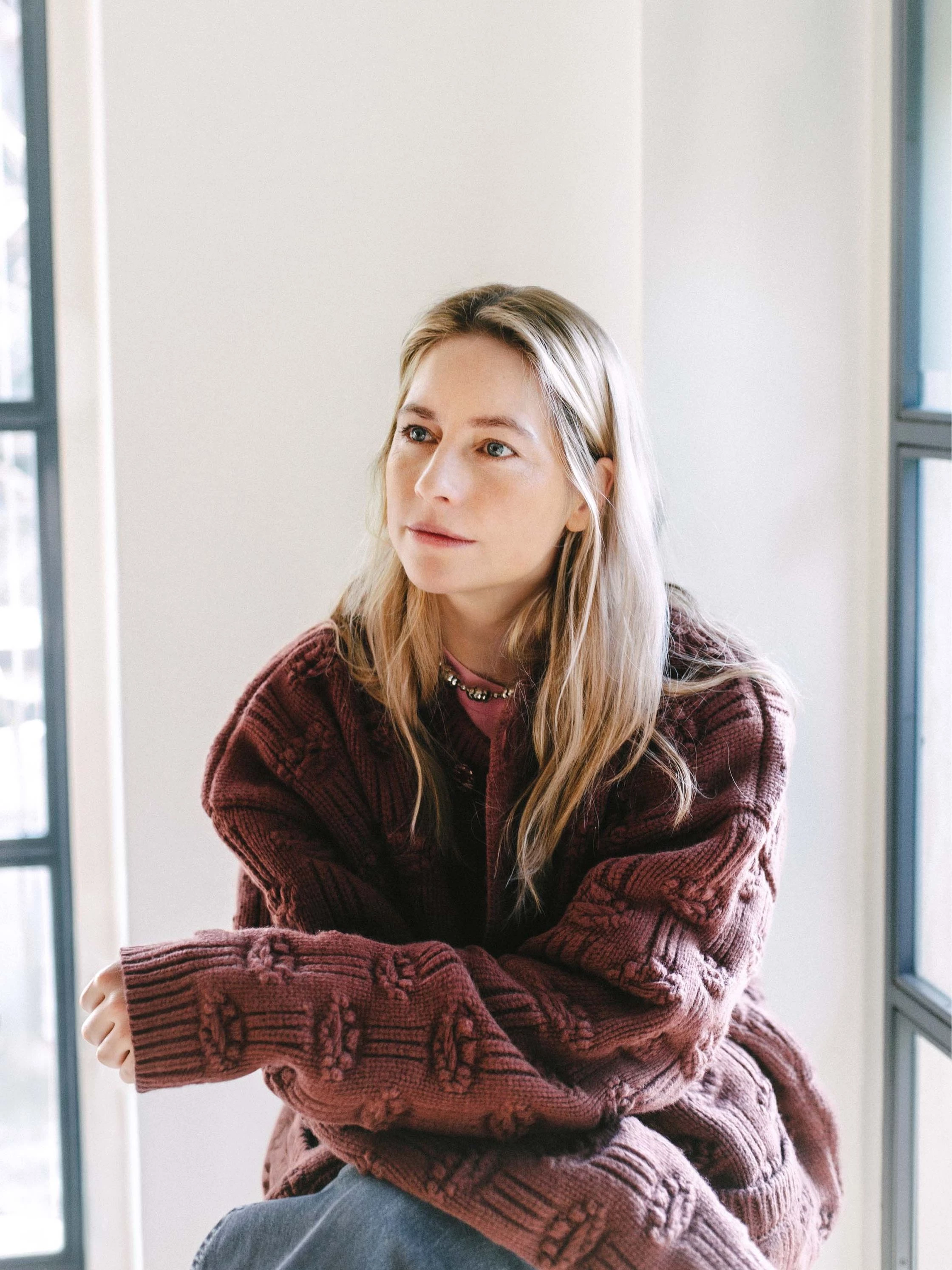 Meryl Rogge wearing a sweater from her debut collection at Marni headquarters. Photo: Guglielmo Profeti0
