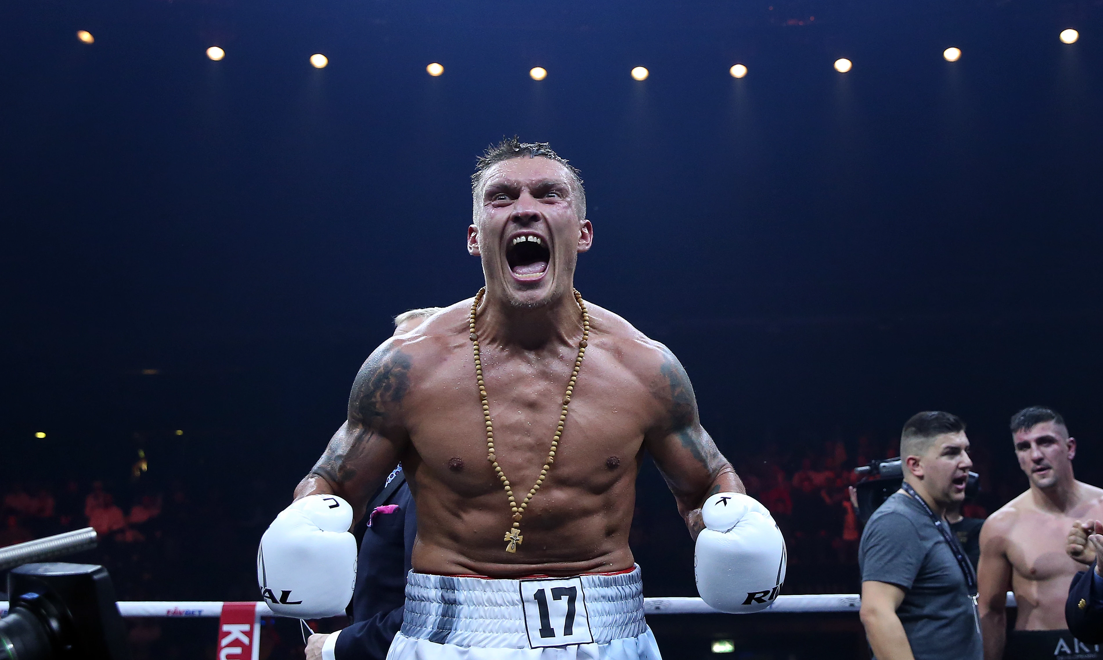 Oleksandr Usyk celebrates his victory over Marco Huk in the World Boxing Super Series fight for the WBO light heavyweight title at the Max-Schmeling-Halle arena in Berlin, Germany, September 9, 20176