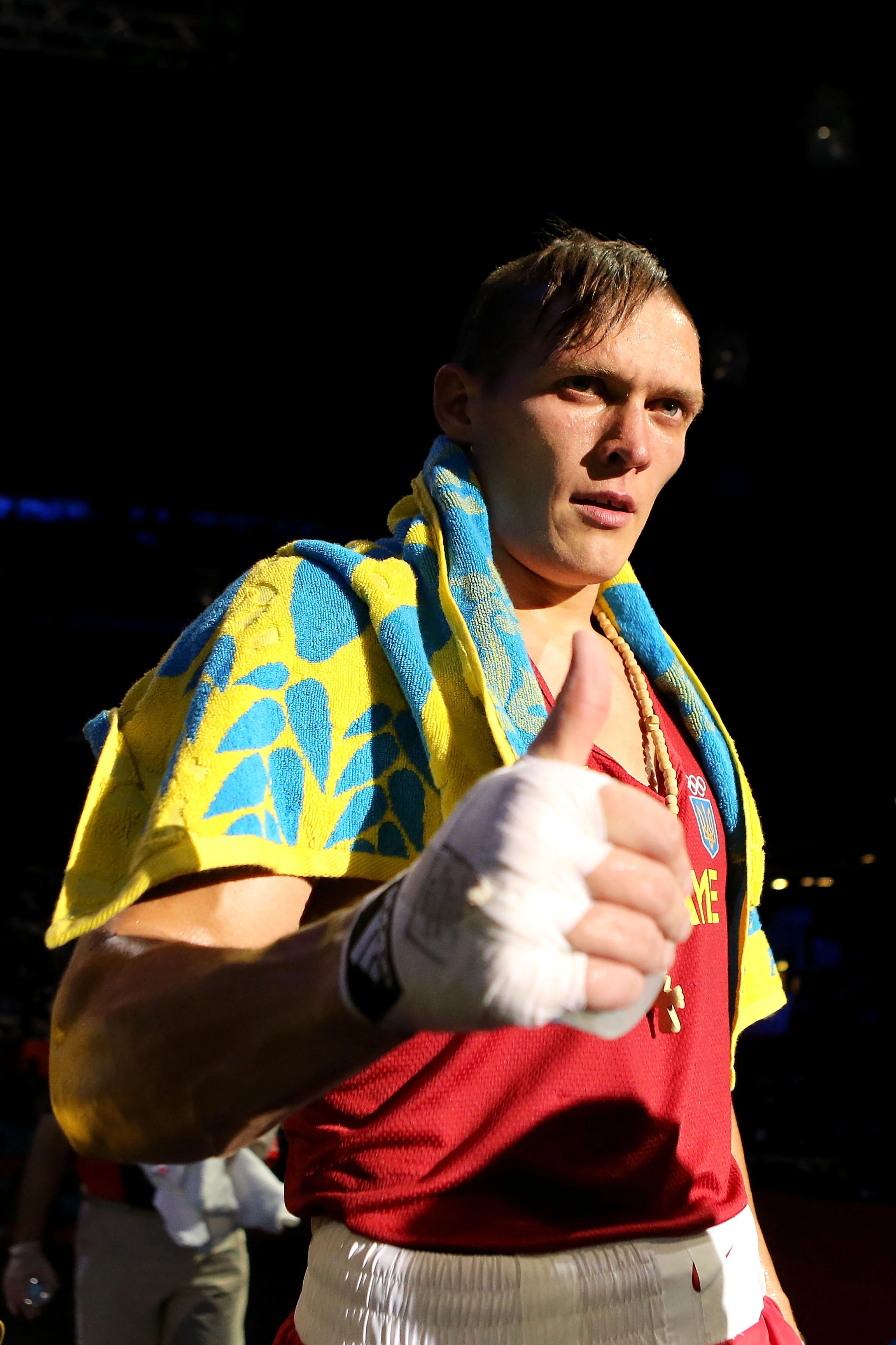 Oleksandr Usyk reacts after being declared the winner of his fight against Bulgaria's Tervel Pulev in the 91 kg weight category at the 2012 Olympic Games. London, United Kingdom, August 10, 20120