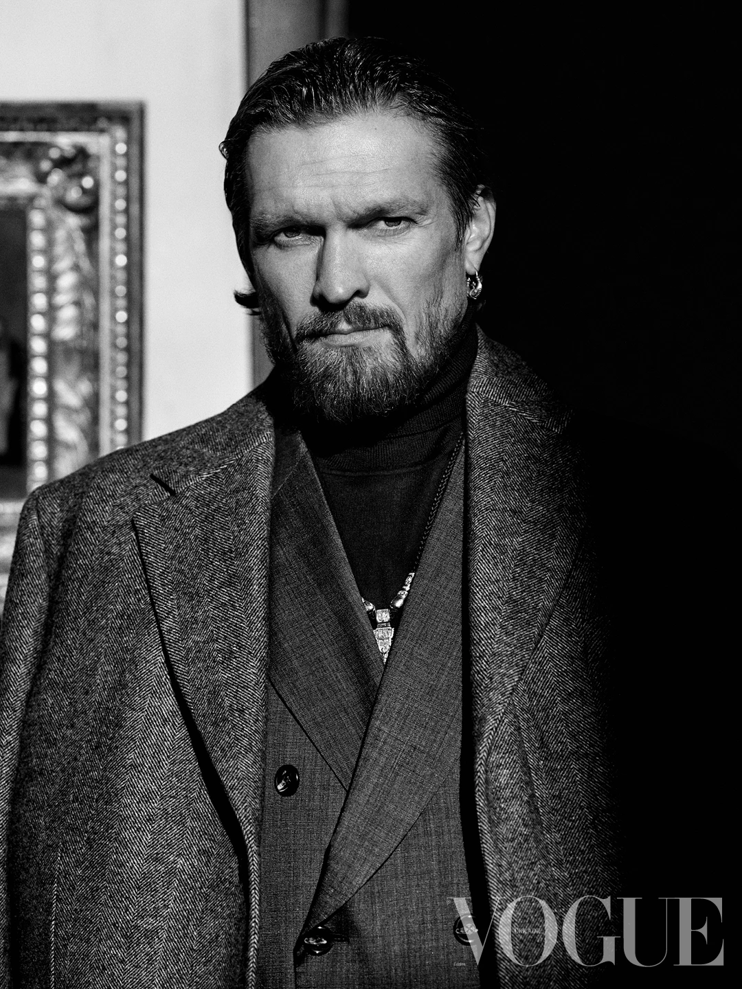 Wool coat, cotton and wool sweater, all by Gieves & Hawkes, wool jacket, Giorgio Armani4