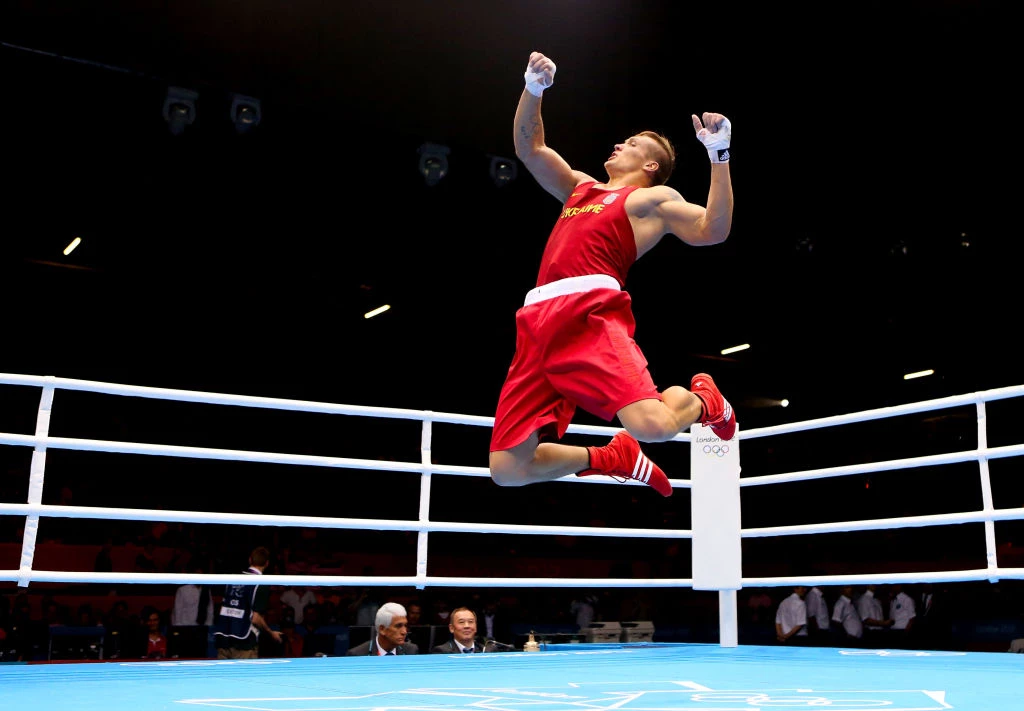 Oleksandr Usyk celebrates his victory over Italian Clemente Russo in the boxing final in the 91 kg weight category at the 2012 Olympic Games. London, United Kingdom, August 11, 20121