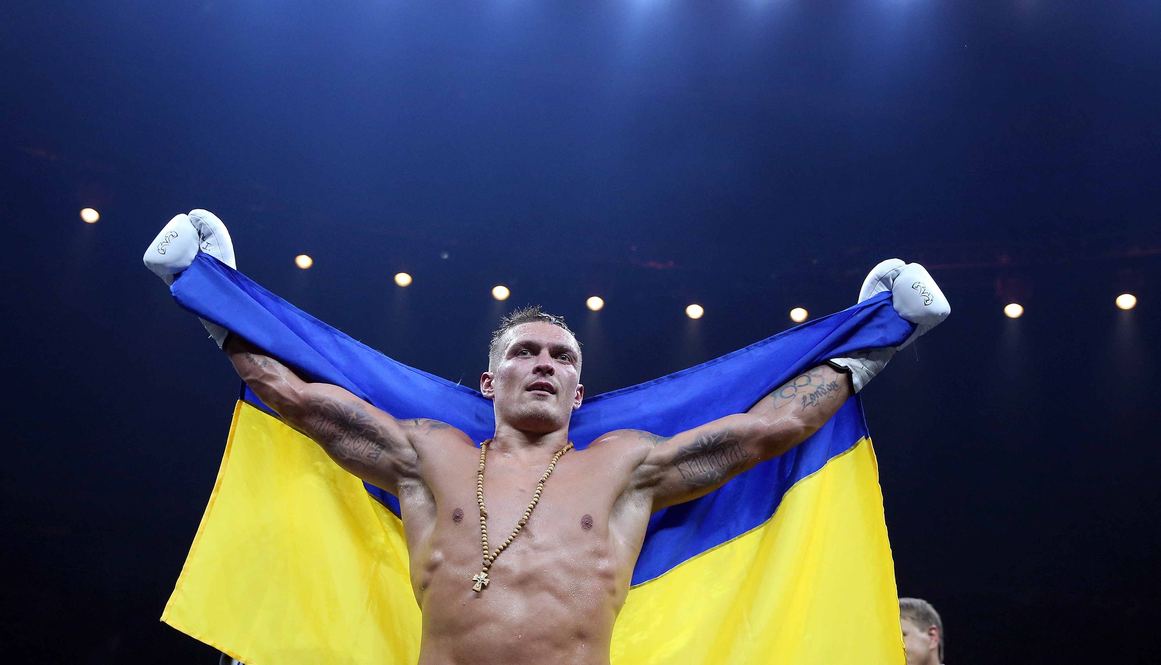 Oleksandr Usyk celebrates his victory over Marco Huk in the World Boxing Super Series fight for the WBO light heavyweight title at the Max-Schmeling-Halle arena in Berlin, Germany, September 9, 20177